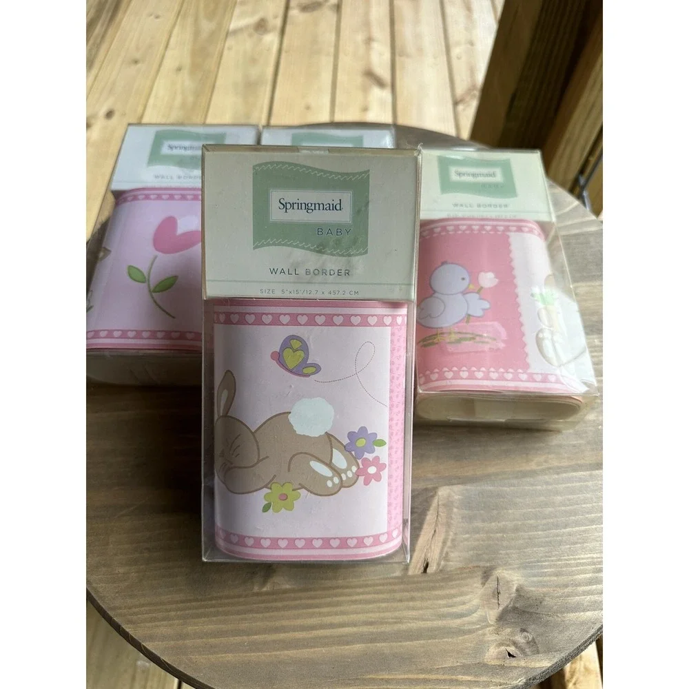 Lot Vintage‎ Baby Wallpaper Border Pink Bunny Chick Flowers Self Stick 5 In Wide